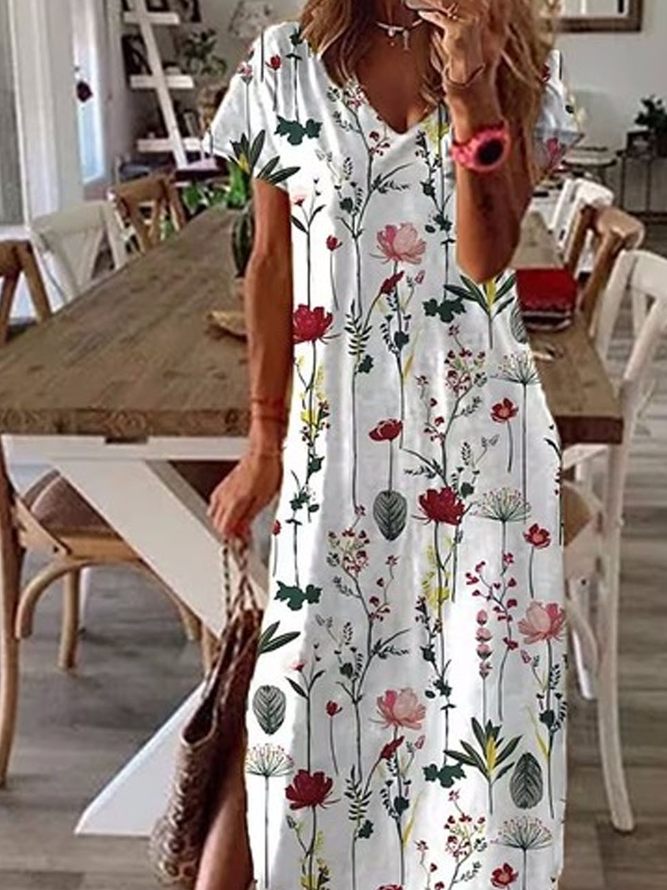 Jersey Floral Printed Casual V-neck Loose Dress