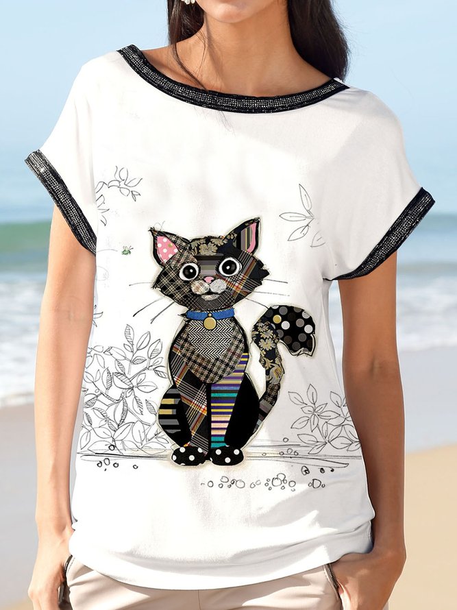 Loose Cat Hot Drilling Crew Neck Casual Shirt