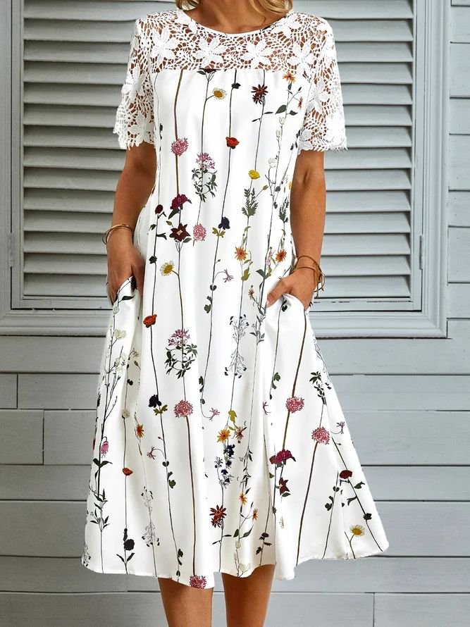 Plus Size Lace Floral Short sleeve Crew Neck Casual Short sleeve Woven Dress