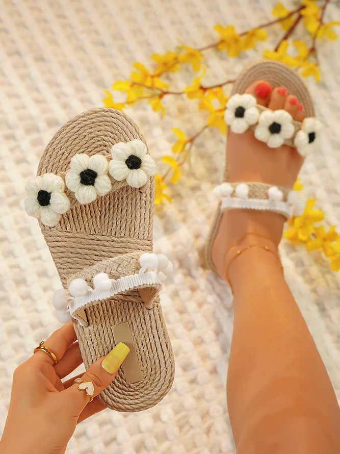 White Woolen Flowers Plush Balls Holiday Beach Sandals