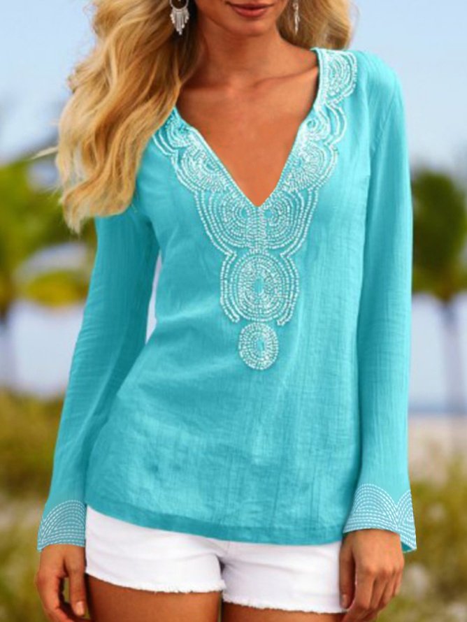 Embroidery Geometric Long Sleeve Casual Top