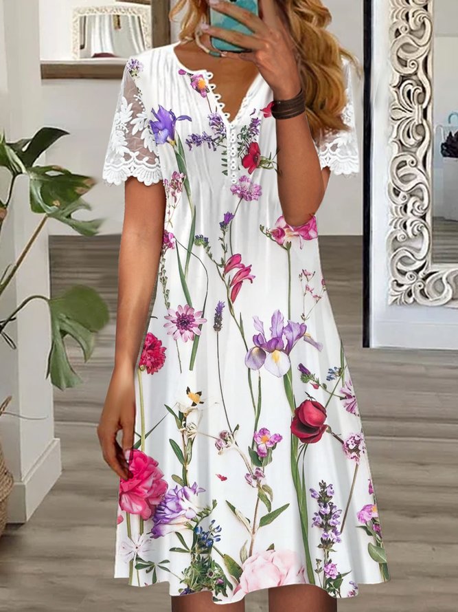 Floral Printed Buckle Patchwork lace Casual Dress