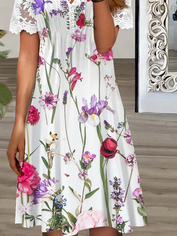 Floral Printed Buckle Patchwork lace Casual Dress