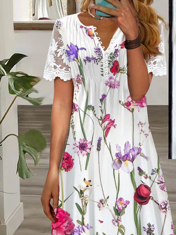 Floral Printed Buckle Patchwork lace Casual Dress