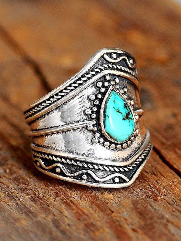 Ethnic Silver Distressed Natural Turquoise Ring Everyday Vintage Jewelry