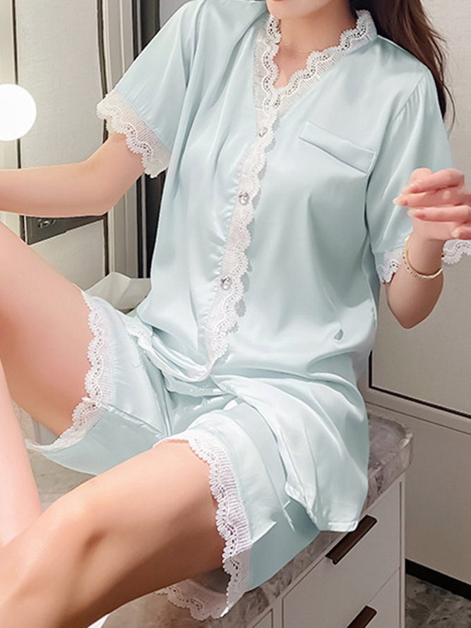 Sexy Lace Heart Shape Short Sleeve Shorts Pajamas Imitation Ice Silk Homewear Set