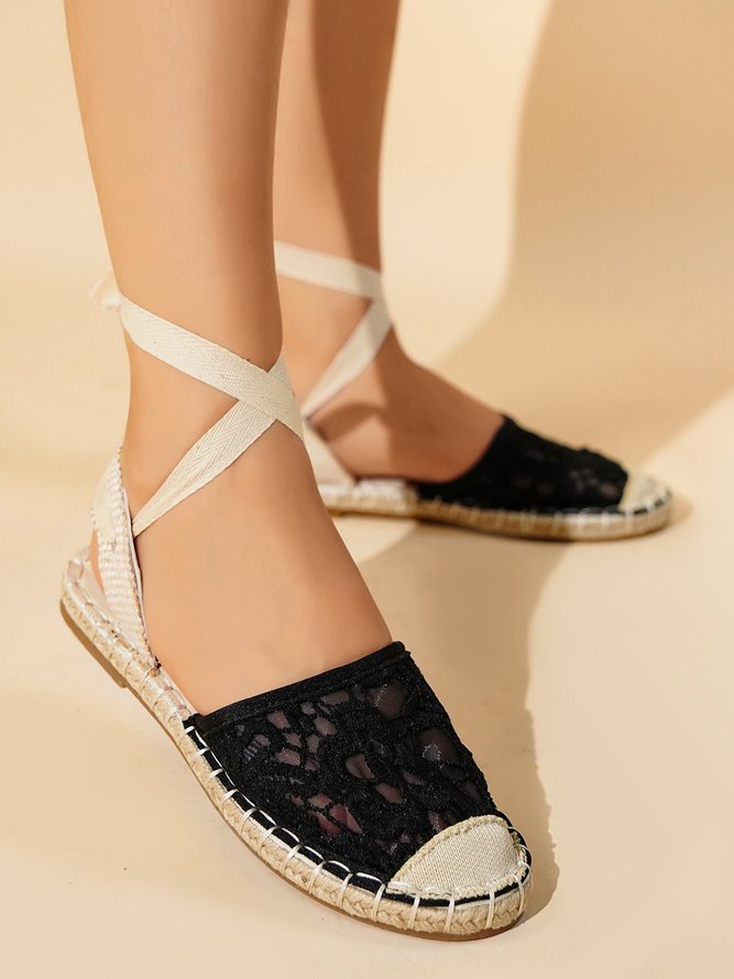 Romantic Lace Panel Straw Sole Ankle Strap Sandals