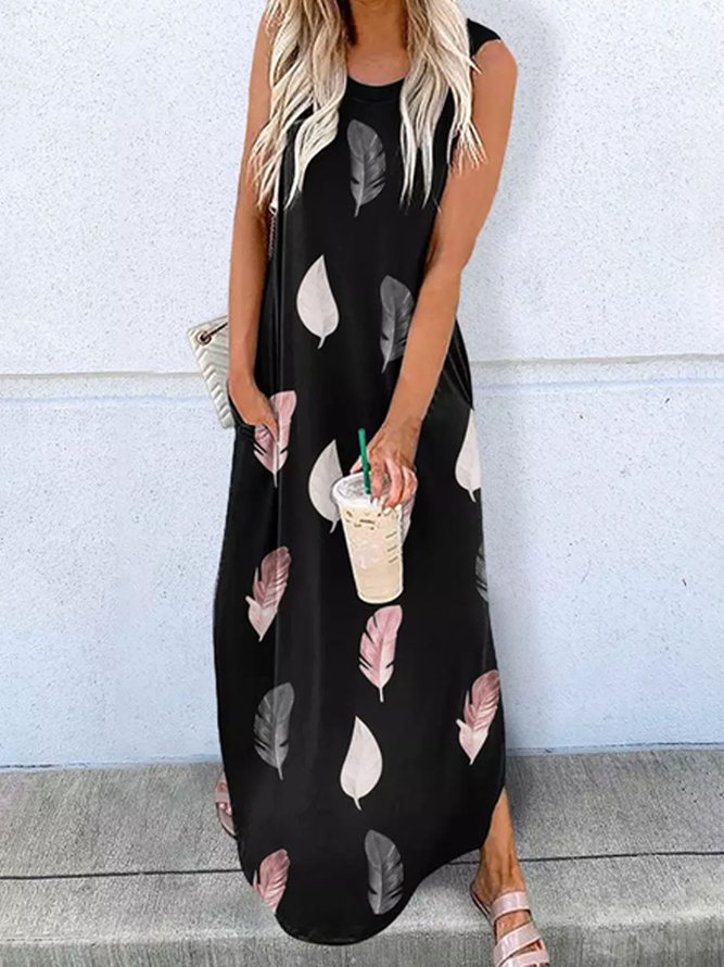 Feather Pattern Printed Jersey Casual Crew Neck Dress