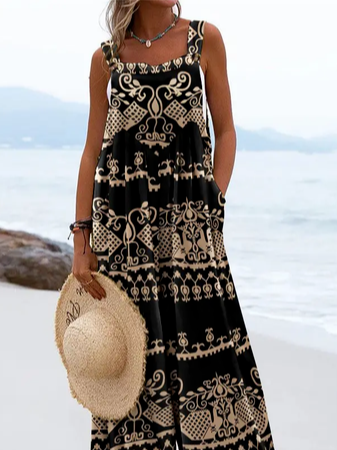 Ethnic Square Neck Loose Casual Jumpsuit
