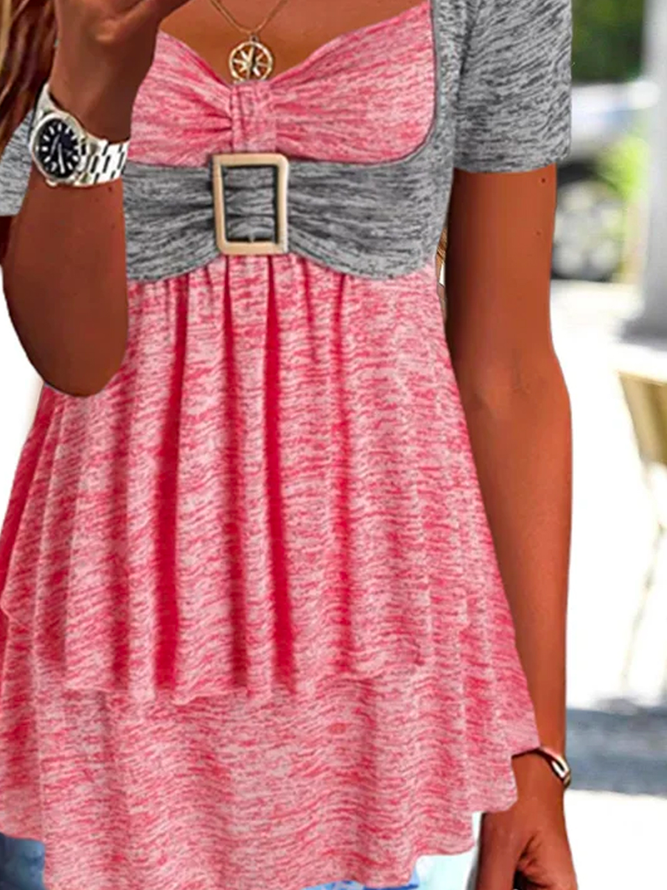 Casual Square Neck Color Block Knot Front tunic Top