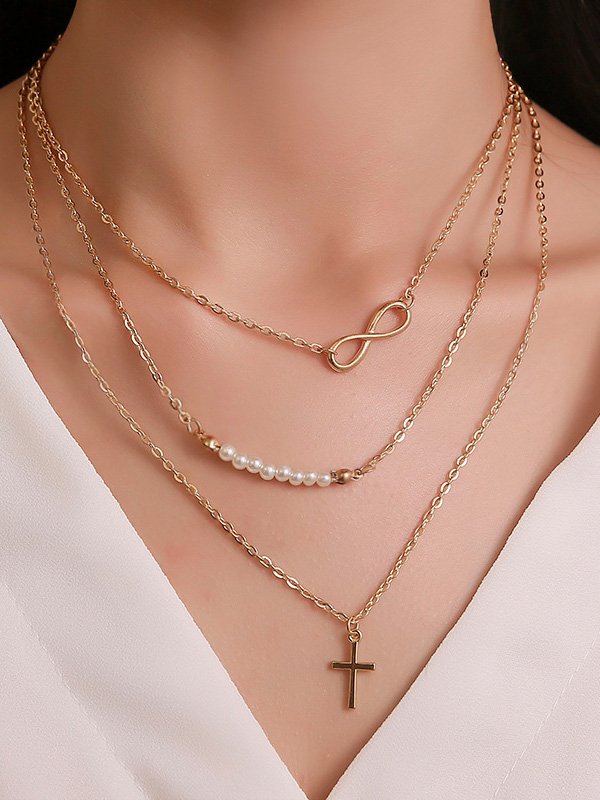 Casual Cross Eternity Pattern Pearl Layered Necklace Dress Holiday Jewelry