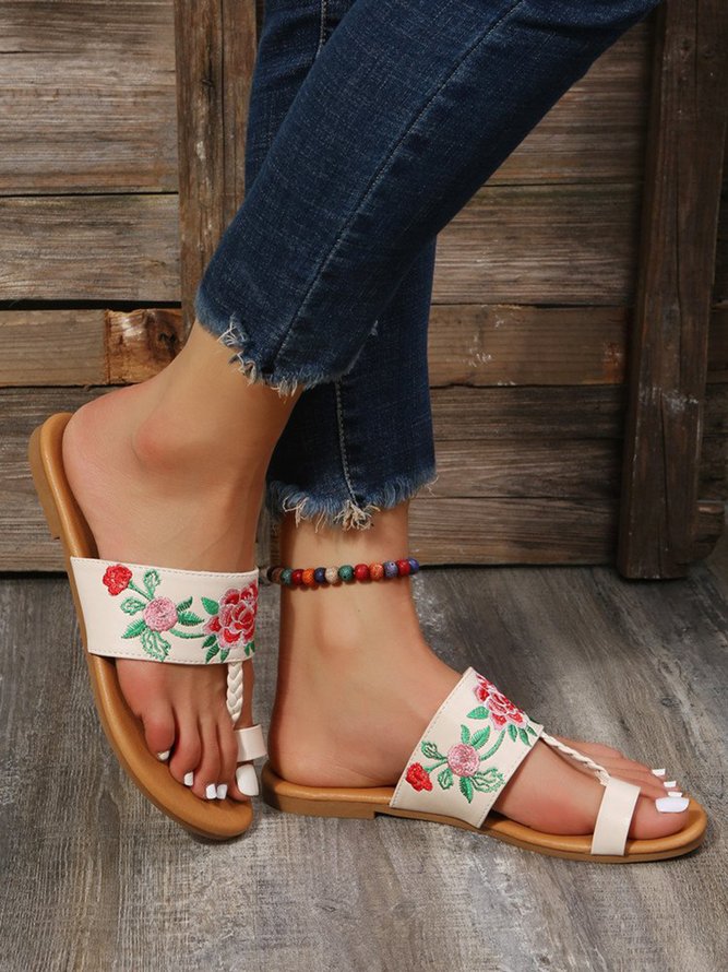 Ethnicb Floral Embroidery Toe Ring Slide Sandals