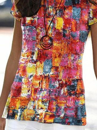 Abstract Short Sleeve Crew Neck Casual Tunic T-Shirt