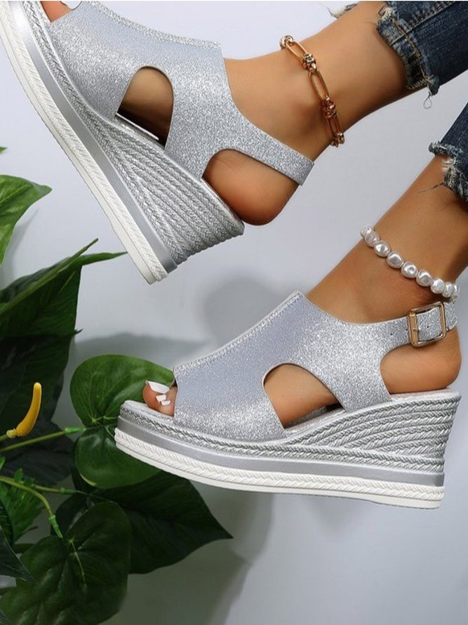 Glitter Cutout Wedge Platform Sandals