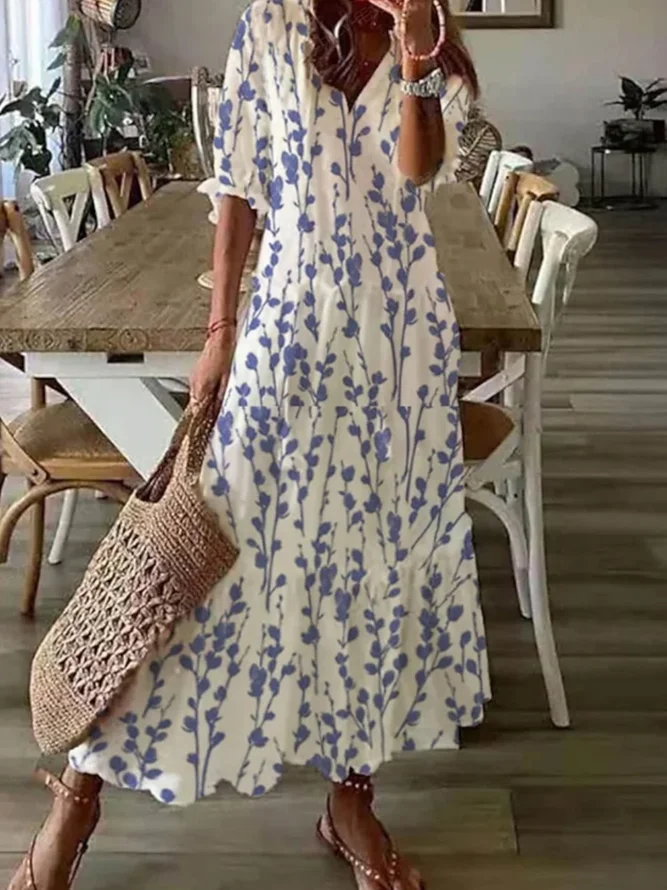 Plus Size Boho Loose V Neck Floral Dress