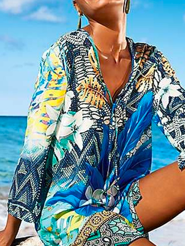 Loose Vacation Blue Floral tunic Dress