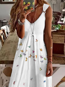 Plus Size Casual Butterfly Sleeveless V Neck Printed Dress