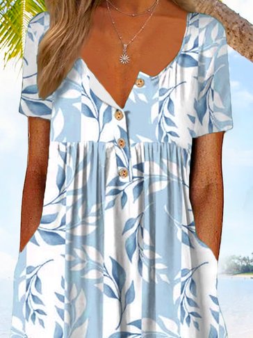 Plus Size Vacation Half Open Collar Floral Short Sleeve Dress