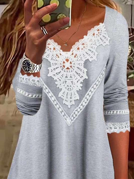 Casual Lace V Neck T-Shirt