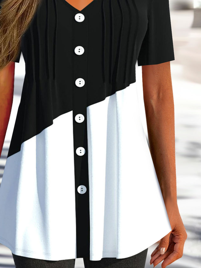 V Neck Jersey Buckle Casual Color-block Blouses