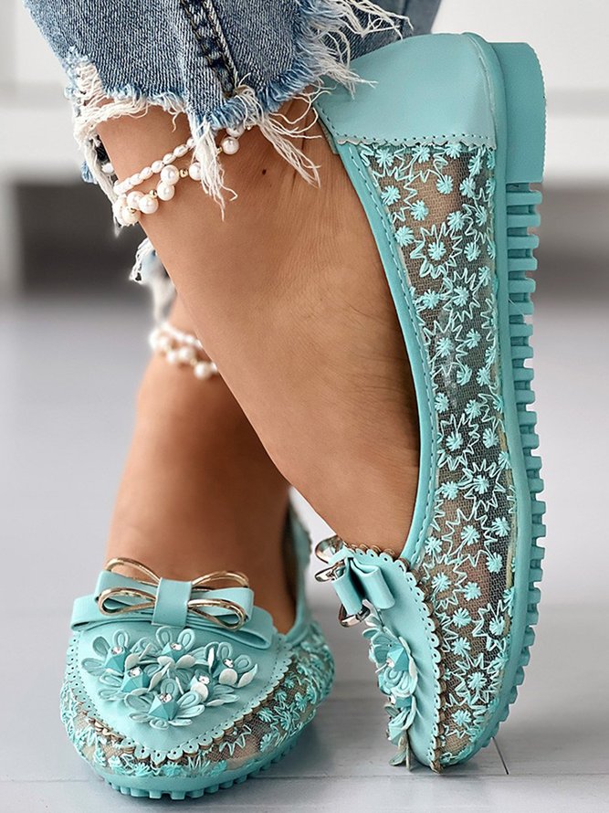 Elegant Applique Bowknot Decor Lace Split Joint Flat Shoes