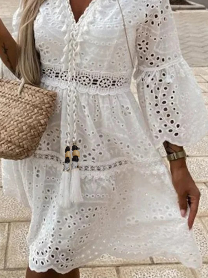 Plain Tassel V Neck Vacation Lace Hollow out Dress