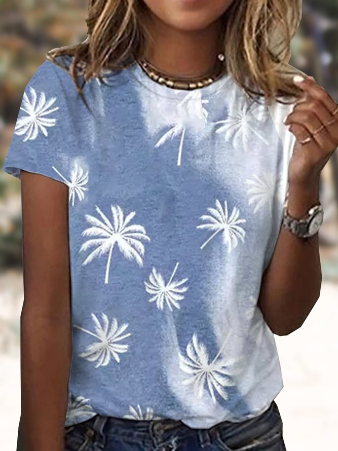 Casual Blue Floral Crew Neck T-Shirt