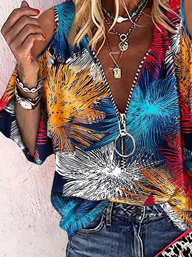 Casual Abstract V Neck Cut-Outs Shirt