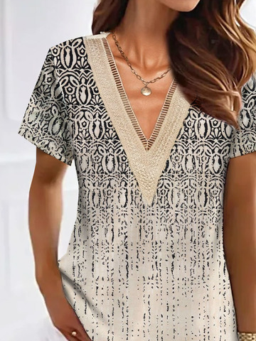 V Neck Split Joint Lace Ethnic Printed Casual Blouses
