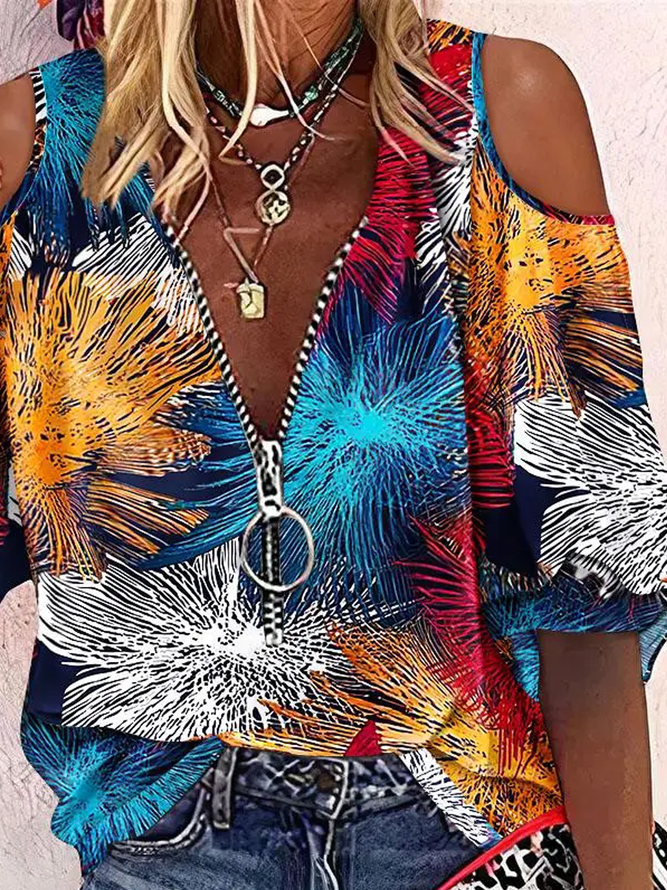 Casual Abstract V Neck Cut-Outs Shirt