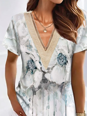 Floral Printed Casual V Neck Patchwork lace Blouses