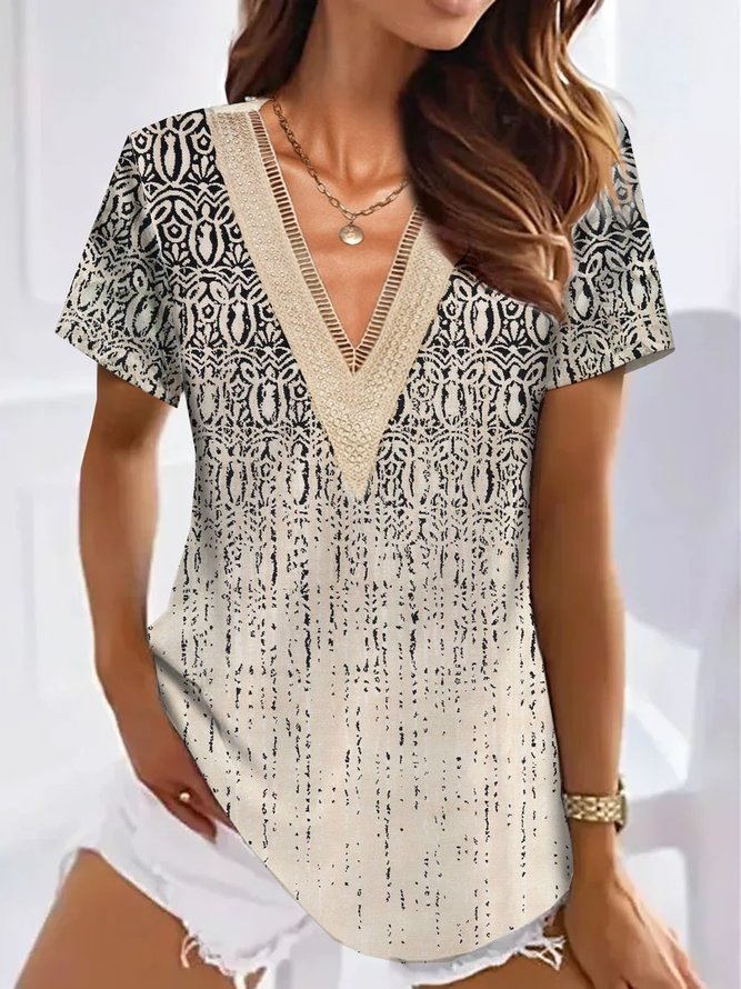 V Neck Split Joint Lace Ethnic Printed Casual Blouses