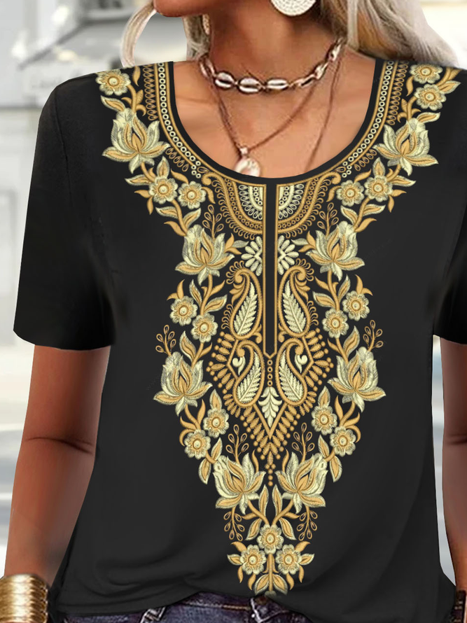 Ethnic Printed Jersey Loose Casual T-Shirt