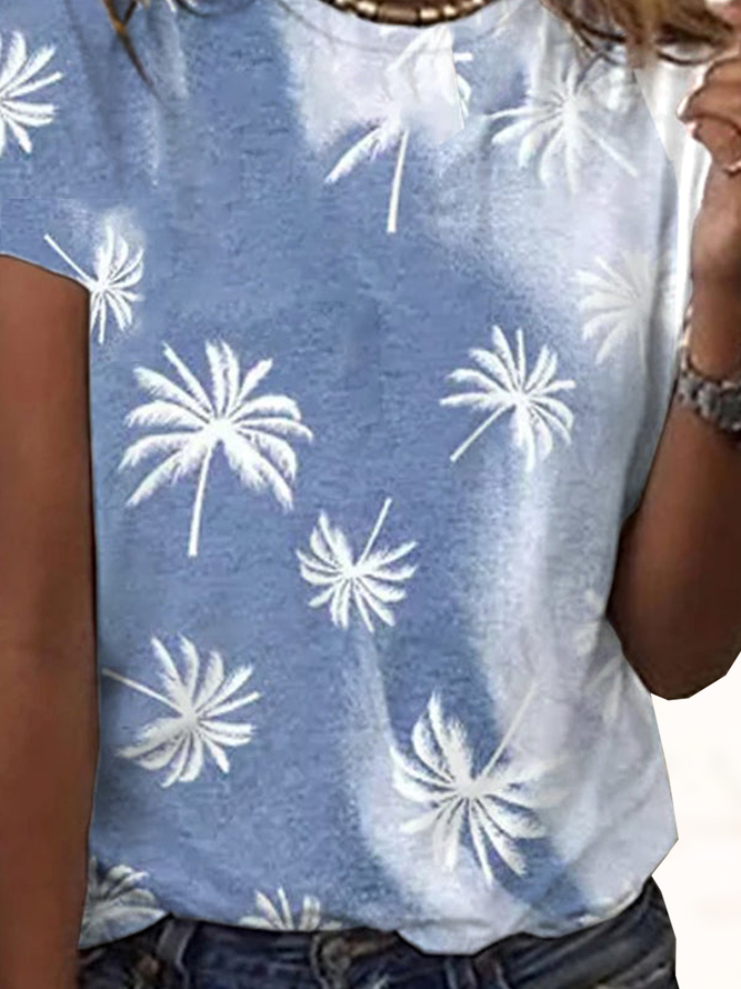Casual Blue Floral Crew Neck T-Shirt