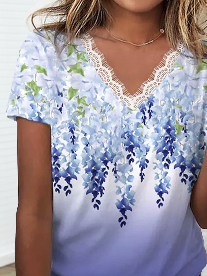 Lace Edge Jersey Floral Printed Casual T-Shirt