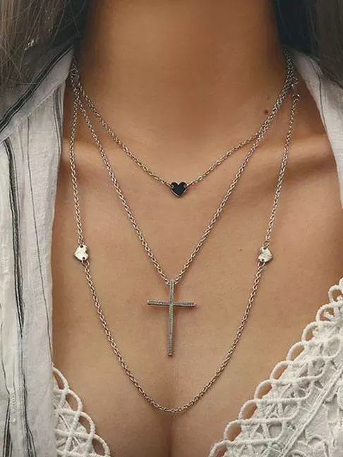 Casual Holiday Style Cross Heart Pattern Multilayer Necklace Female Beach Daily Jewelry