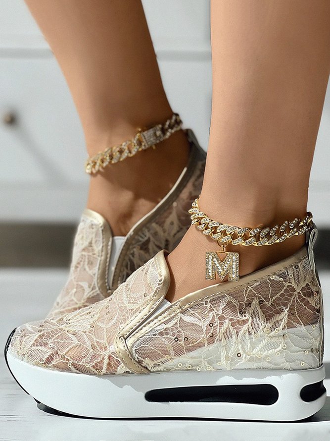 Sequin Lace Split Joint Slip On Muffin Sneakers