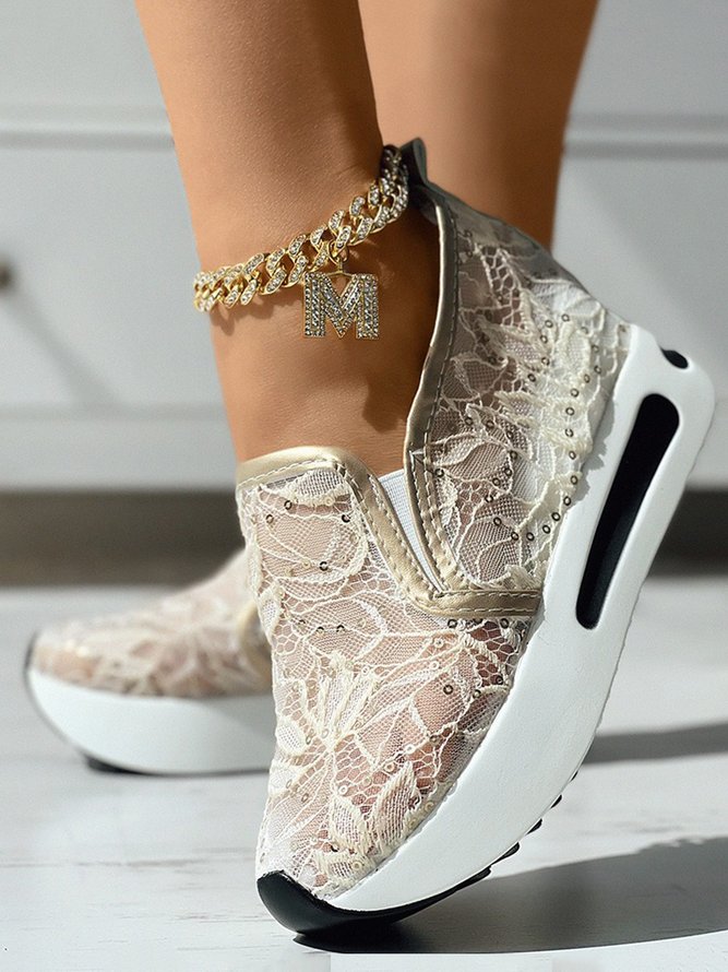 Sequin Lace Split Joint Slip On Muffin Sneakers