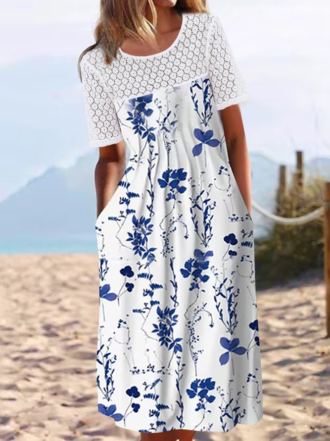 Casual Floral Printed Patchwork Lace Crew Neck Dress