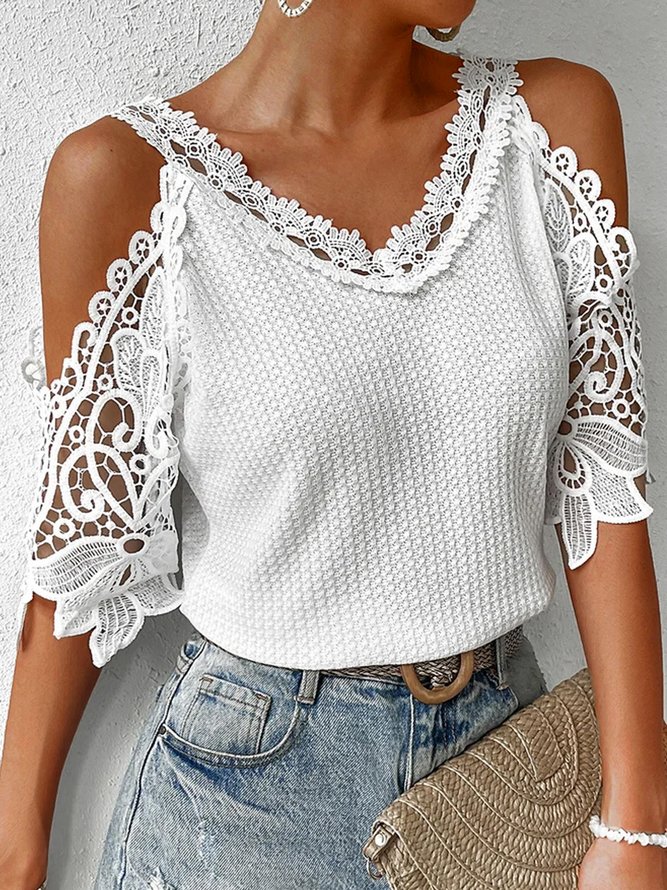 Polyester Cotton V Neck Lace Casual Shirt
