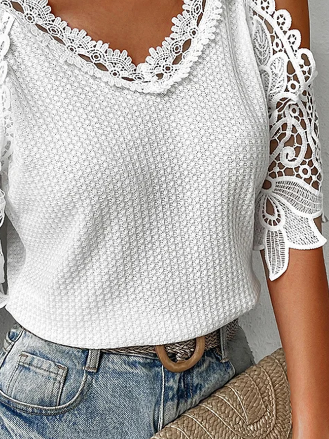 Polyester Cotton V Neck Lace Casual Shirt