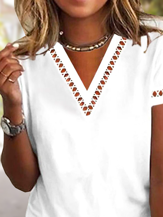 Loose Lace  V Neck Casual T-Shirt