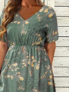 Plus Size V Neck Floral Loose Casual Dress