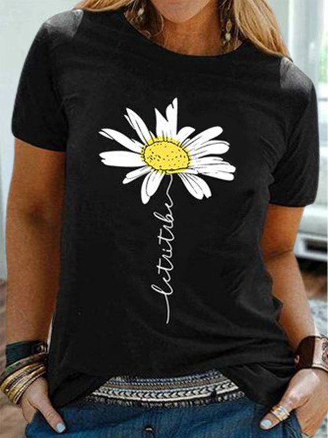 Plus Size Crew Neck Casual Daisy Jersey T-Shirt