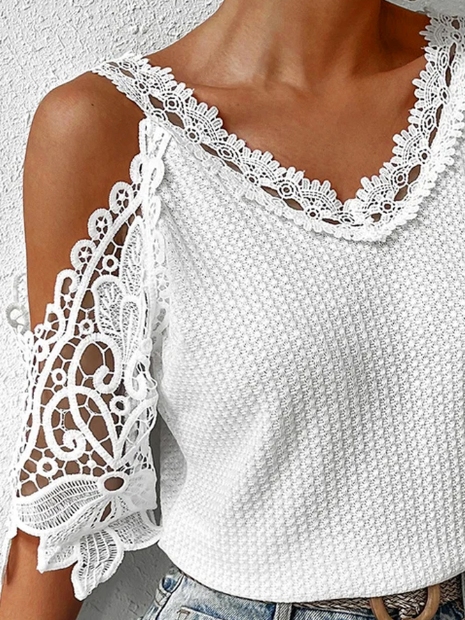 Polyester Cotton V Neck Lace Casual Shirt