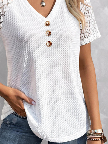 V Neck Buckle Polyester Cotton Casual Shirt