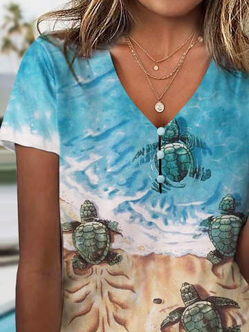 Casual SeaTurtle Printed Jersey V Neck T-Shirt