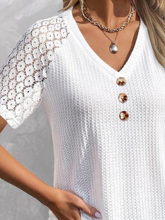 V Neck Buckle Polyester Cotton Casual Shirt