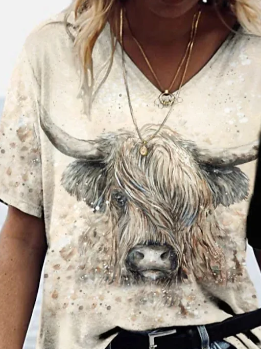 Animal V Neck Jersey Casual T-Shirt