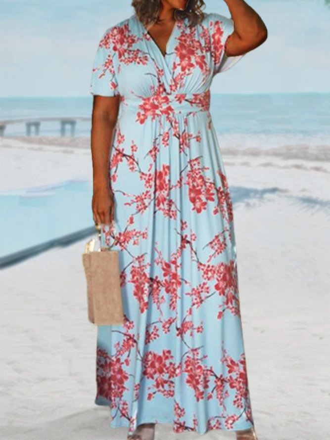 Plus Size Vacation Floral V Neck Loose Dress